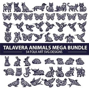 May include: A digital collection of 54 dark blue silhouette animal and insect designs featuring intricate floral patterns. The image includes text that reads TALAVERA ANIMALS MEGA BUNDLE 54 FOLK ART SVG DESIGNS, showcasing various birds, butterflies, rabbits, and cats.