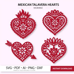 Valentine Hearts SVG Bundle | Mexican Talavera Hearts for Cricut & Silhouette | Papel Picado Style Cut Files