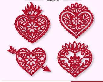 Valentine Hearts SVG Bundle | Mexican Talavera Hearts for Cricut & Silhouette | Papel Picado Style Cut Files