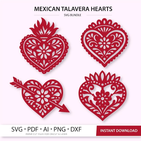 Talavera Heart SVG Bundle (4 Designs) - Mexican Papel Picado Hearts for Cricut & Laser Cut - Fiesta, Wedding, Party Decor - Instant Download