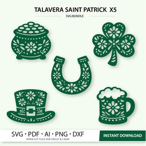 Saint Patrick SVG Bundle | Mexican Folk St Patrick Decor | Shamrock Hat Beer Pot Horseshoe | Laser Cut Files Cricut Glowforge