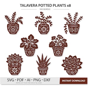 Puede incluir: Una colección digital de ocho ilustraciones en silueta marrón de plantas en macetas con intrincados patrones de estilo Talavera en las macetas. El texto dice TALAVERA POTTED PLANTS x8 SVG BUNDLE y SVG PDF AI PNG DXF PAPER CUT FILES FOR CRICUT & LASER.