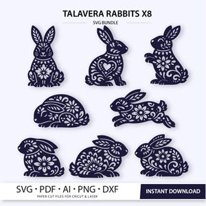 Op de afbeelding: Een verzameling van acht Talavera konijn ontwerpen in donkerblauw, met ingewikkelde bloemen- en hartpatronen. De SVG-bundel bevat bestanden voor Cricut en lasersnijden, met de tekst "Talavera Rabbits X8 SVG Bundle" en bestandsinfo.