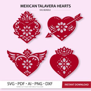 4 Mexican Hearts SVG for Cricut | Papel Picado Style | Talavera Hearts Cut file | Digital File | Instant Download