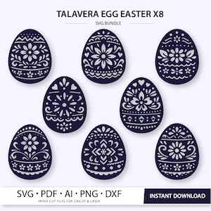Puede incluir: Ocho diseños de huevos de Pascua azul marino al estilo Talavera, con intrincados patrones florales y geométricos blancos. La imagen incluye el texto "TALAVERA EGG EASTER X8 SVG BUNDLE" e información sobre el tipo de archivo.