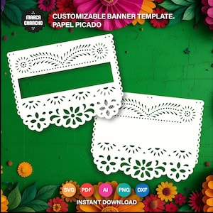 2 Customizable Papel Picado Banner Template SVG – Editable Mexican Banner for Cricut, Silhouette, Laser Cut, Fiesta Party Decor
