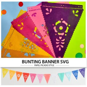 Puede incluir: Bandera de banderines de estilo papel picado colorido. La imagen muestra banderas triangulares en tonos de amarillo, rosa y morado, con intrincados diseños recortados. Se muestra el texto "BUNTING BANNER SVG" y "PAPEL PICADO STYLE".