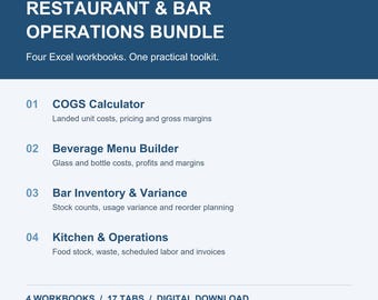 Restaurant and Bar Excel Bundle: Inventory, Beverage Pricing, Waste and Labor Planning