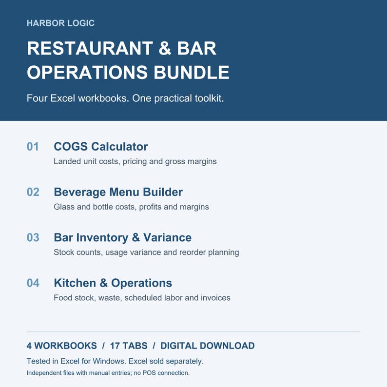 Paquete de Excel para restaurantes y bares: Inventario, precios de bebidas, desperdicios y planificación de mano de obra. imagen 1
