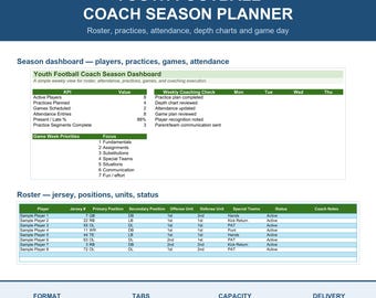 Planificador de Excel para entrenadores de fútbol juvenil: Lista de jugadores, planes de entrenamiento, asistencia y cuadro de profundidad.