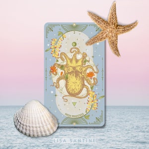 May include: A tarot card with a blue background and gold accents. The card depicts a yellow octopus with orange flowers and stars. The card is titled "High Priestess" and has the number "2" in the top right corner.