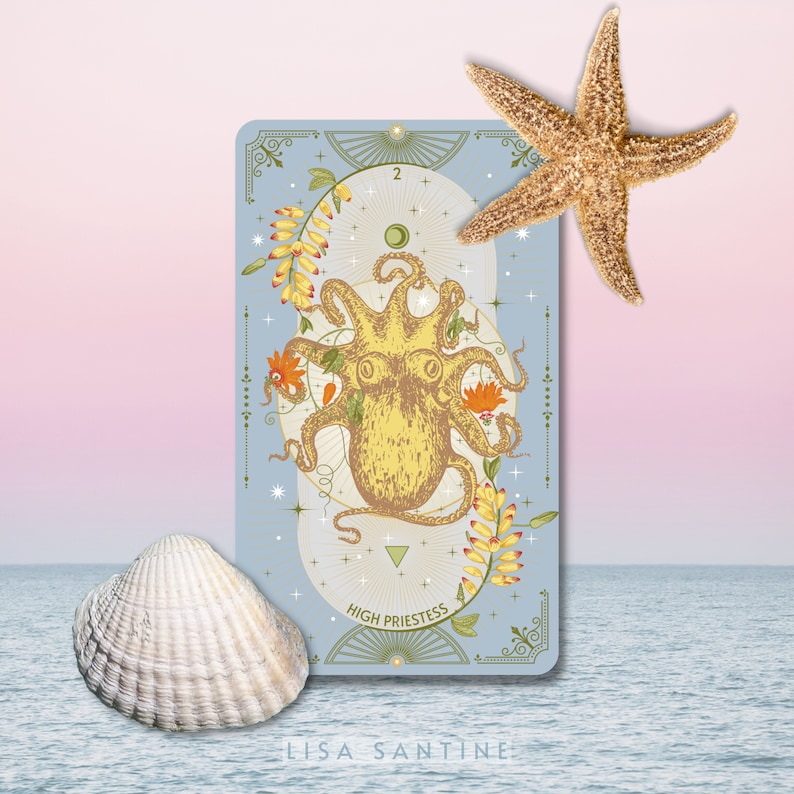 May include: A tarot card with a blue background and gold accents. The card depicts a yellow octopus with orange flowers and stars. The card is titled "High Priestess" and has the number "2" in the top right corner.