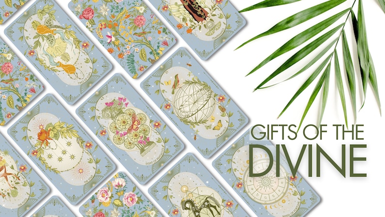 May include: A set of tarot cards with a blue background and intricate illustrations. The cards feature a variety of symbols and imagery, including flowers, stars, and celestial bodies. The cards are arranged in a fan shape, with the text "Gifts of the Divine" visible at the bottom of the image.