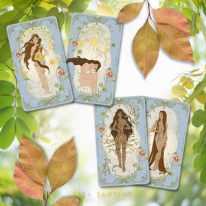 May include: Four illustrated cards with a blue background and gold accents. Each card features a different goddess with a name at the bottom. The cards are surrounded by green leaves and fall foliage.