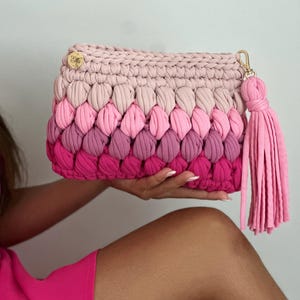 Handmade Hot Pink Tones Crochet Bag, Elegant Hand Knitted Purse Bag, Clutch Crochet Bag, Hand Woven Clutch Bag, Boho Style Purse