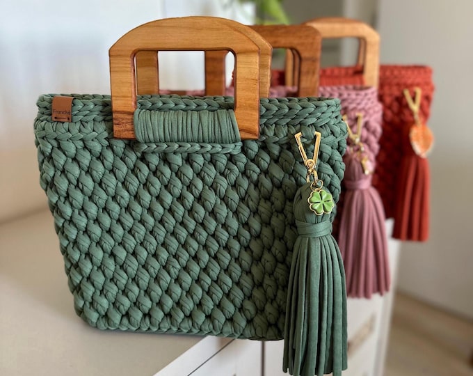 Featured listing image: Handmade Crochet Flávia  Bag: T-Shirt Yarn Purse with Wood Handle