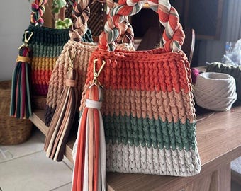 Handmade Crochet Liz  Bag: T-Shirt Yarn Purse with a Twist Handle, Colorful Rainbow Tones
