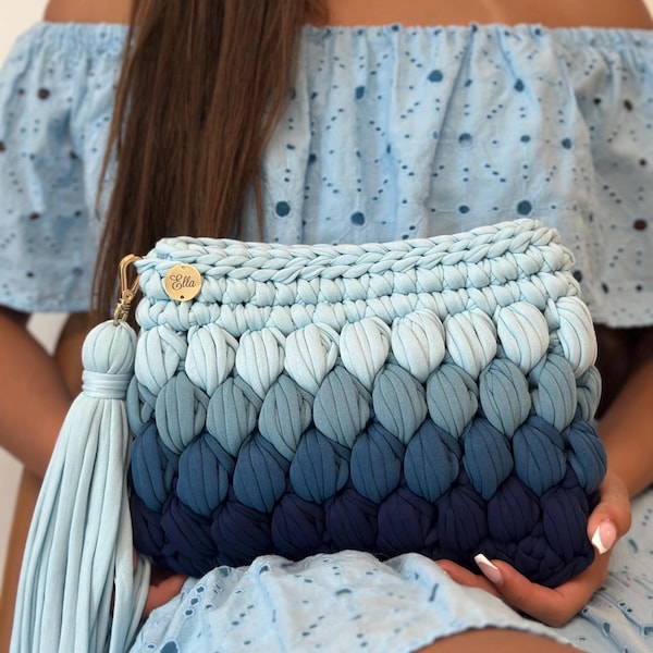 Handmade Blue Ombré Crochet Clutch: Organic Cotton Tassel Purse