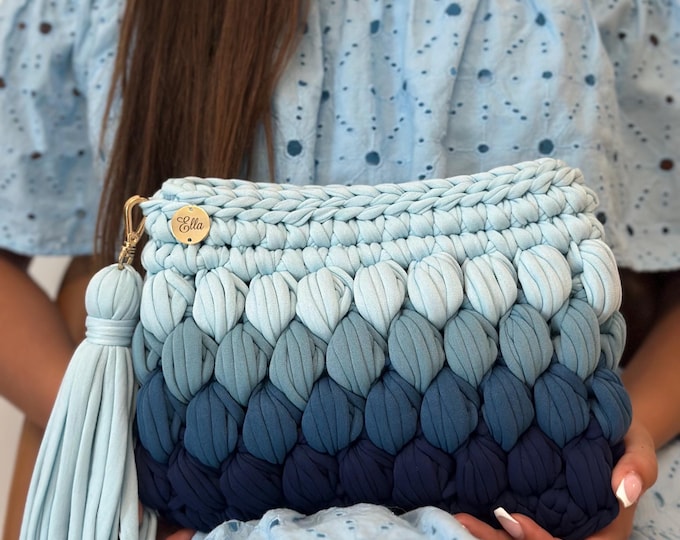 Featured listing image: Handmade Blue Ombré Crochet Clutch: Organic Cotton Tassel Purse