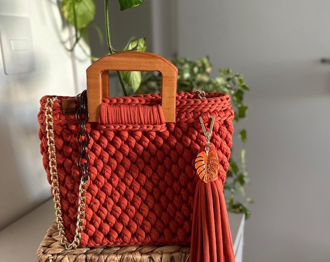 Featured listing image: Handmade Crochet Flávia  Bag: T-Shirt Yarn Purse with Wood Handle