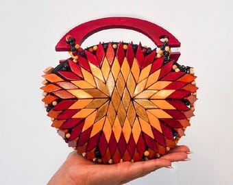 Handtas met boho-houtkralen, handgemaakte mozaïekportemonnee, kleine ronde mandstijl, unieke designtas, mandala