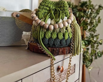 Handmade Green Crochet Bag: Organic Cotton Boho Purse with Wooden Bead Handle