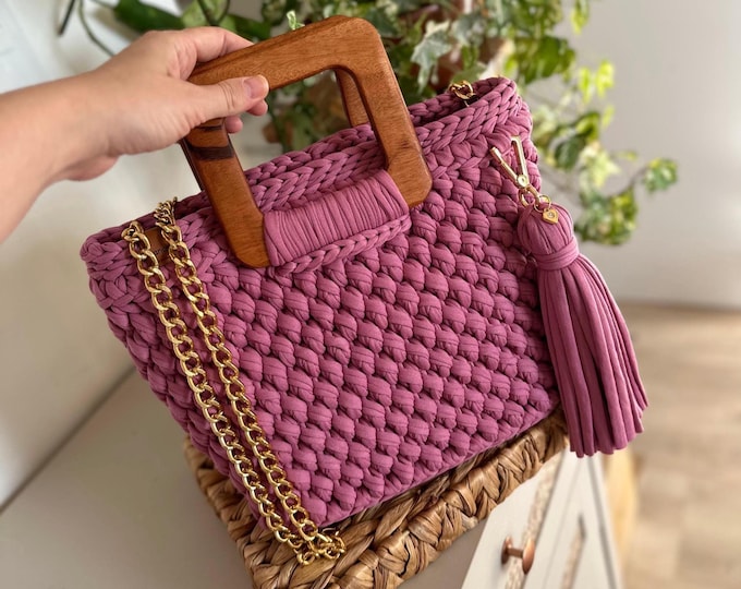 Featured listing image: Handmade Crochet Flávia  Bag: T-Shirt Yarn Purse with Wood Handle