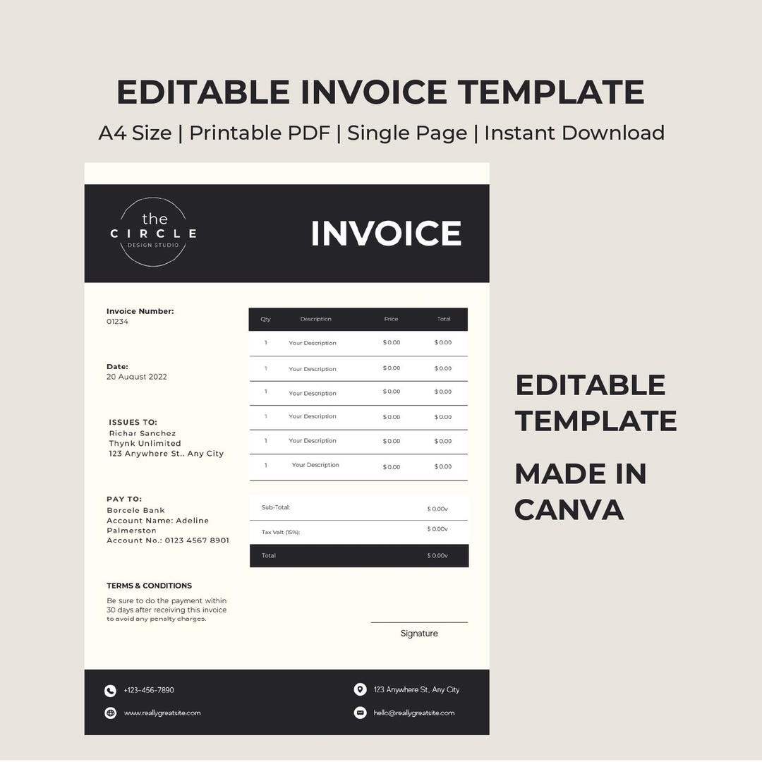 Invoice Template for Small Business | Editable Canva Invoice A4 ...