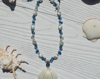 Pearl & Blue Beaded Necklace with White Seashell Pendant | Handmade Mermaidcore Jewelry