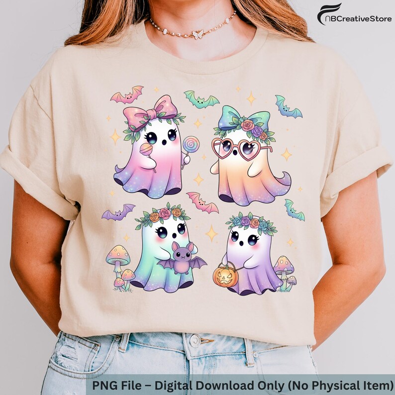 Peut inclure: T-shirt beige avec quatre fant&ocirc;mes de dessins anim&eacute;s portant des couronnes de fleurs, tenant une sucette, portant des lunettes en forme de c&oelig;ur, tenant une chauve-souris et tenant une lanterne citrouille. Des chauves-souris et des champignons sont &eacute;galement pr&eacute;sents. Le texte en bas indique "PNG File - Digital Download Only (No Physical Item)".