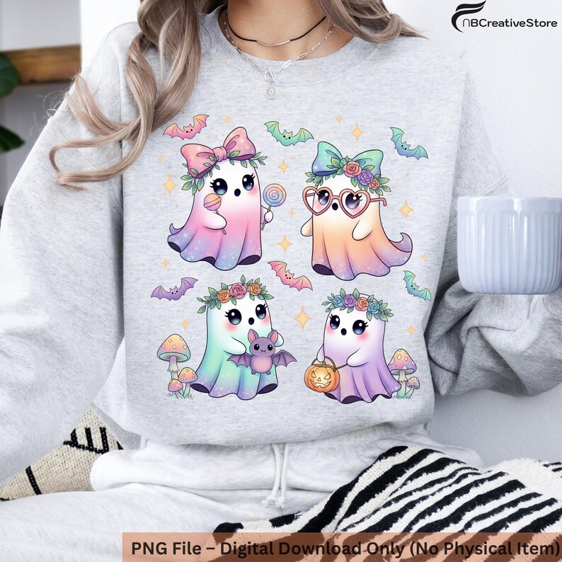 Peut inclure: Un sweat-shirt gris clair avec une illustration color&eacute;e de quatre adorables fant&ocirc;mes orn&eacute;s de couronnes de fleurs, de n&oelig;uds et d'accessoires. Le motif comprend &eacute;galement des chauves-souris et des champignons. Le texte "PNG File - Digital Download Only (No Physical Item)" est en bas.