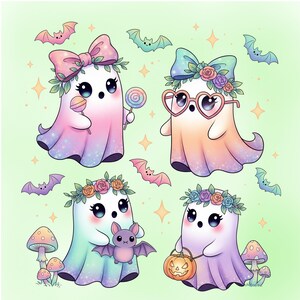 Peut inclure: Quatre fant&ocirc;mes de dessins anim&eacute;s mignons avec des couronnes florales, des n&oelig;uds et des accessoires. L'un tient une sucette, un autre porte des lunettes en forme de c&oelig;ur, un troisi&egrave;me tient une chauve-souris et le dernier porte une lanterne citrouille. Couleurs pastel et chauves-souris.