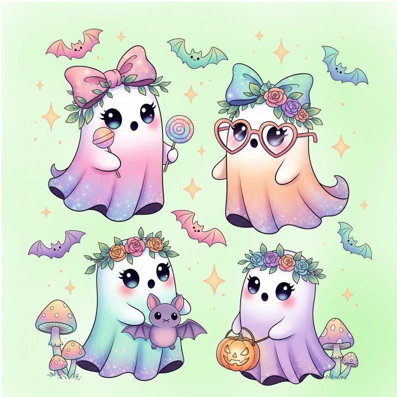 Peut inclure: Quatre fant&ocirc;mes de dessins anim&eacute;s mignons avec des couronnes florales, des n&oelig;uds et des accessoires. L'un tient une sucette, un autre porte des lunettes en forme de c&oelig;ur, un troisi&egrave;me tient une chauve-souris et le dernier porte une lanterne citrouille. Couleurs pastel et chauves-souris.