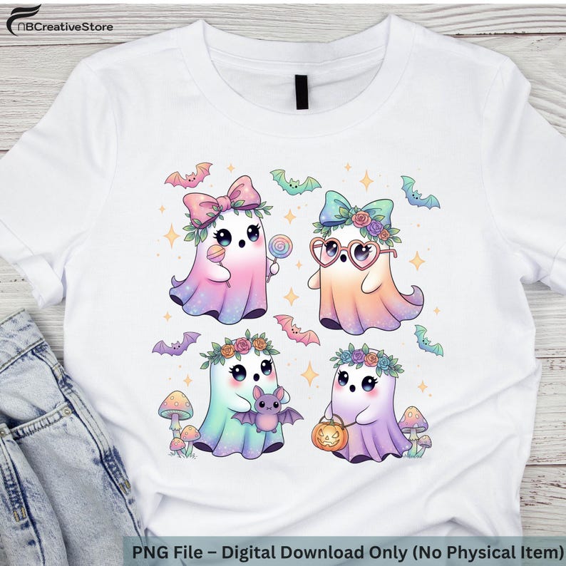 Peut inclure: T-shirt blanc avec un motif color&eacute; de quatre fant&ocirc;mes de dessins anim&eacute;s avec des couronnes de fleurs, des n&oelig;uds et des accessoires. Des chauves-souris, des champignons et des &eacute;toiles entourent les fant&ocirc;mes. Le texte "PNG File - Digital Download Only (No Physical Item)" est en bas.