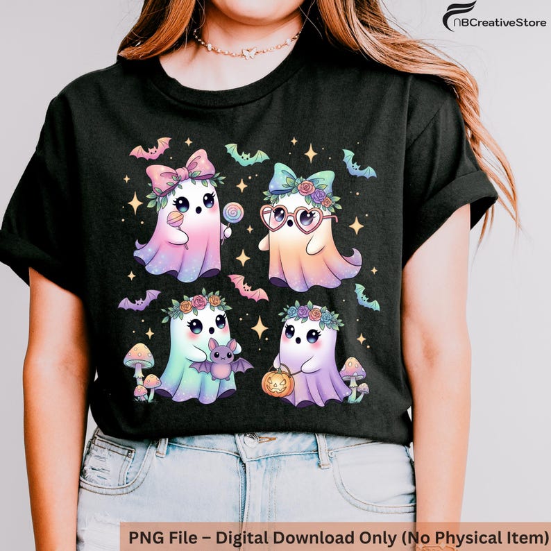 Peut inclure: T-shirt noir avec un motif d'Halloween color&eacute;. Le motif comprend quatre fant&ocirc;mes de dessins anim&eacute;s avec des couronnes de fleurs, des n&oelig;uds et des accessoires, entour&eacute;s de chauves-souris, d'&eacute;toiles et de champignons. Le texte "PNG File - Digital Download Only (No Physical Item)" est en bas.