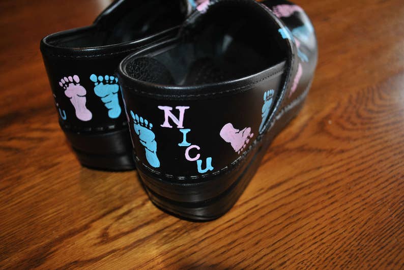 New Custom Hand Painted NICU Dansko with baby feet....customer provided the shoes sold