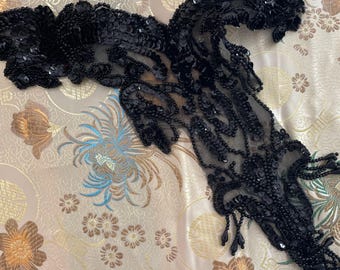 Black beaded fringe vintage applique for evening dress, tutu, ballroom dance costume