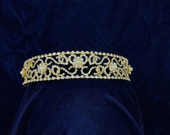 Headband-style filigree tiara with crystal rhinestones and faux pearls