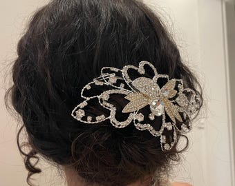 Silver and crystal vintage Jessica McClintock floral hair comb and brooch for wedding, prom, special occasions, bridesmaid hair accessory.