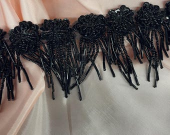 Black beaded fringe floral trim for evening gowns, ballet costumes, skating dresses