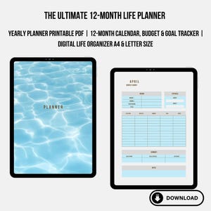 Planificador anual imprimible / Calendario de presupuesto digital de 12 meses en PDF, registro de objetivos y hábitos / Tamaño carta A4 (EE. UU.)