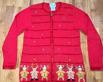 Vintage Quacker Factory Reindeer Knit Full Zip Pullover Frauen Sz Medium