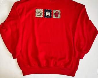 Suéter navideño feo estilo Grandmacore de retazos rojos, edición básica vintage de los 90, talla M.