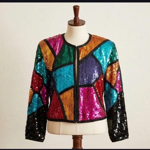 Blazer abstracto de lentejuelas con mosaico de los años 80, chaqueta trofeo con cuentas arcoíris para lucir.