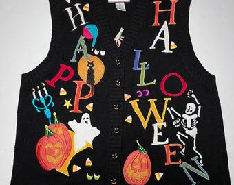 Chaleco de punto vintage de los 90 de Tiara International para Halloween, talla XL, negro, patchwork, estampado de Halloween.