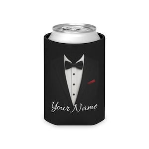 Enfriador de latas para boda, esmoquin personalizado, regalo para padrinos de boda, recuerdo de despedida de soltero, soporte para cerveza personalizado, funda para bebidas para eventos de corbata negra, accesorio formal