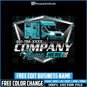 Op de afbeelding: Een illustratie van een turquoise camper met de tekst "COMPANY Name HERE" en een telefoonnummer. Het ontwerp bevat de tekst "FREE EDIT BUSINESS NAME" en "FREE COLOR CHANGE". De achtergrond is zwart.