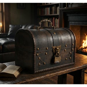 May include: A dark brown wooden treasure chest with a decorative handle, brass hardware, and a combination lock. The chest is on a wooden table with an open book. The background includes a fireplace and a bookshelf.