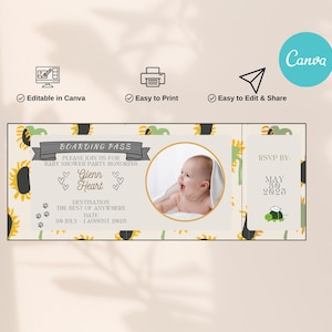 Convite para chá de bebê com cartão de embarque – Convite digital com tema de viagem editável, passagem aérea personalizada para impressão, download digital