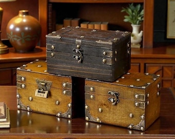 Vintage Wooden Treasure Chest – Lockable Jewelry Keepsake Box